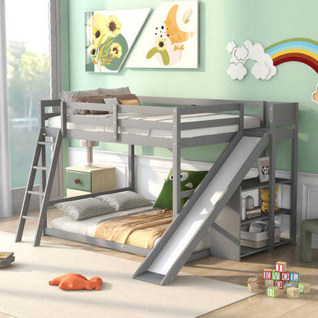 Full over Full Bunk Bed with Ladder, Slide and Shelves, Gray - Home Elegance USA