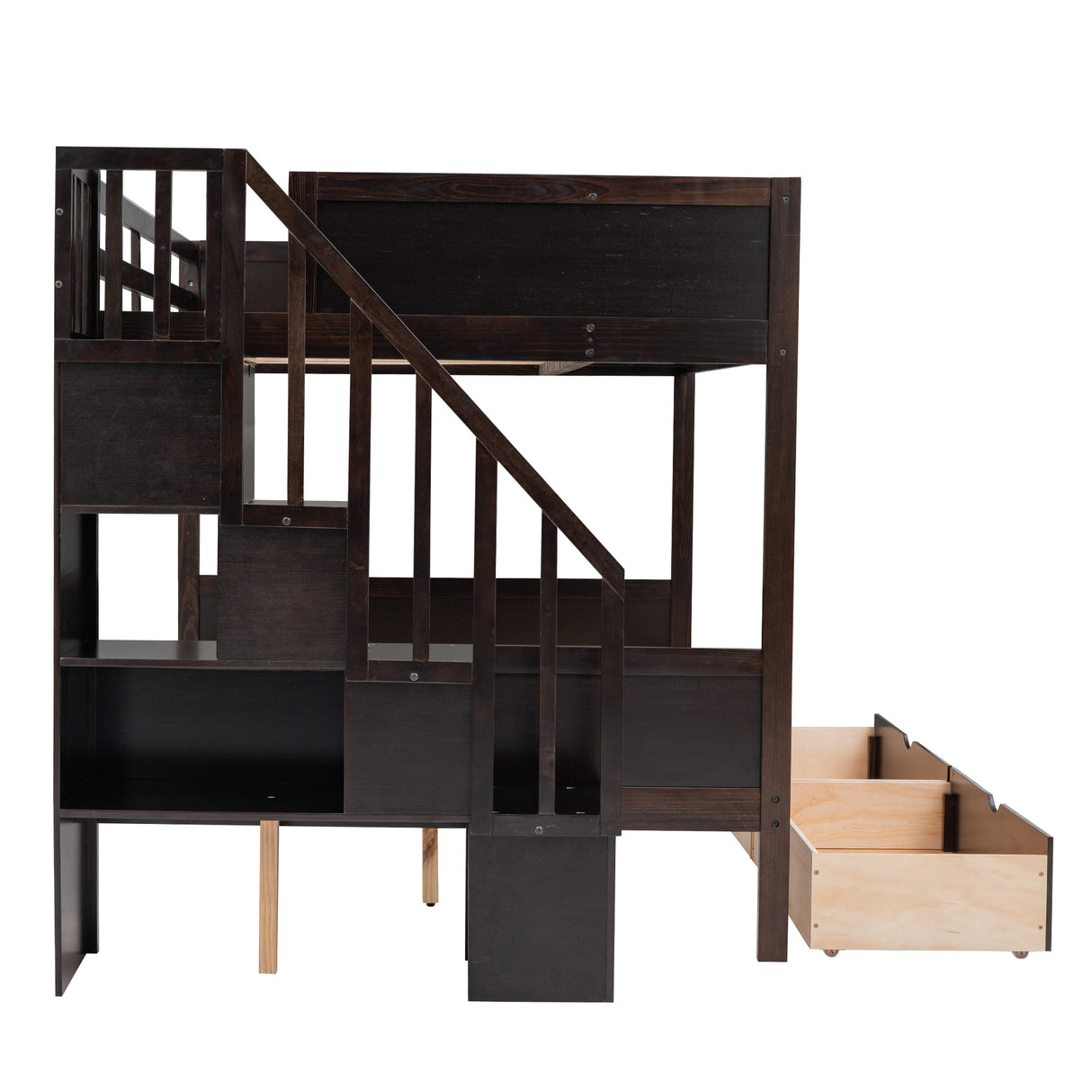 Twin over Full Bunk Bed with Shelfs, Storage Staircase and 2 Drawers, Espresso - Home Elegance USA