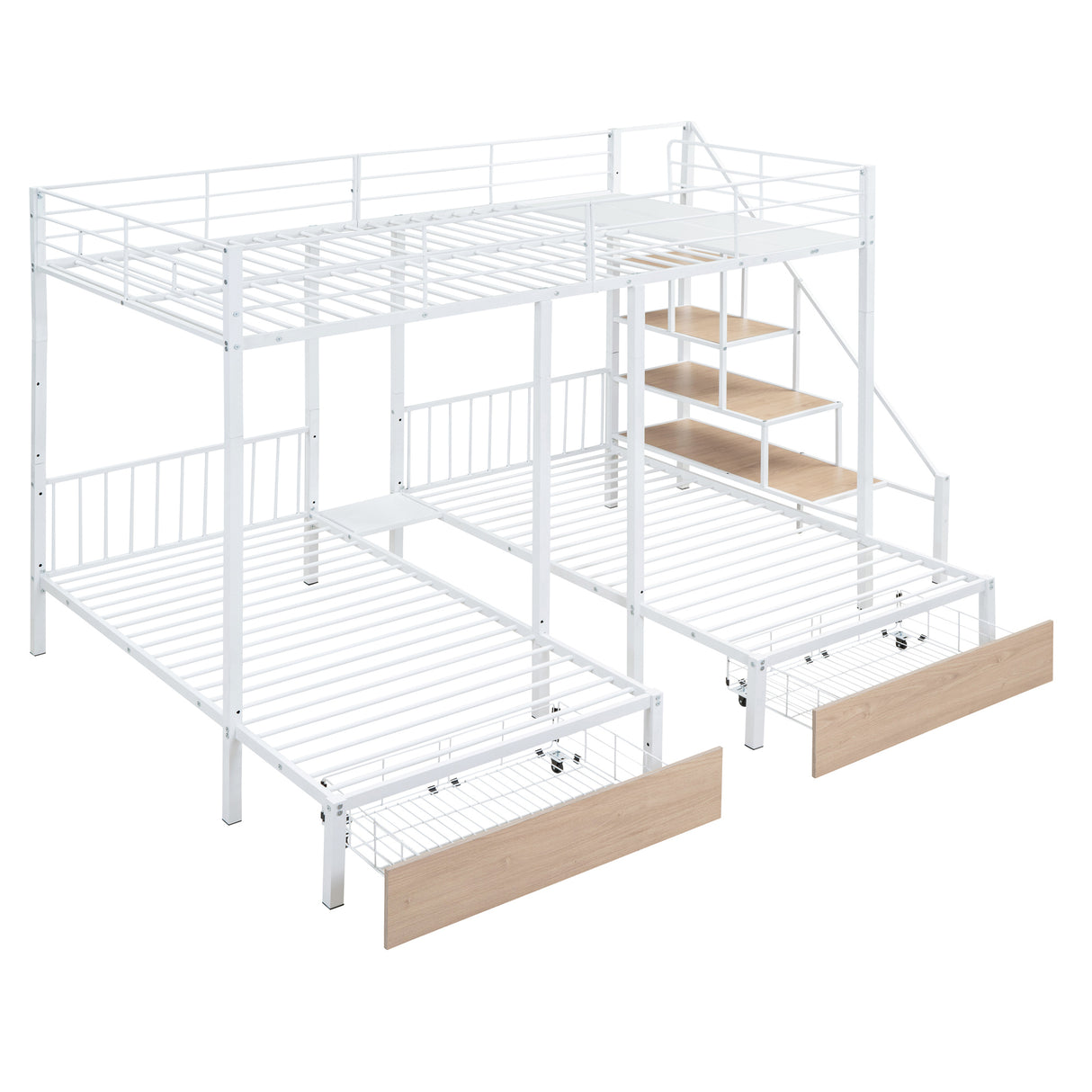 Full over Twin-Twin Triple bunk bed with drawers and staircase, White