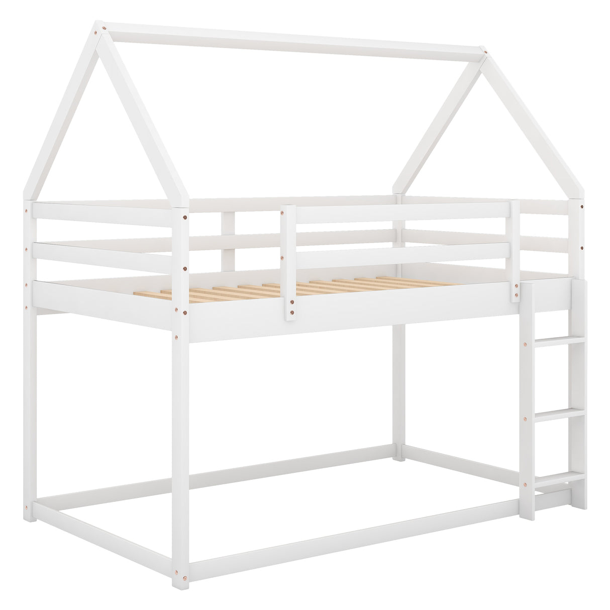 Twin over Twin Low Bunk Bed, House Bed with Ladder , White(OLD SKU:WF197808AAK) - Home Elegance USA