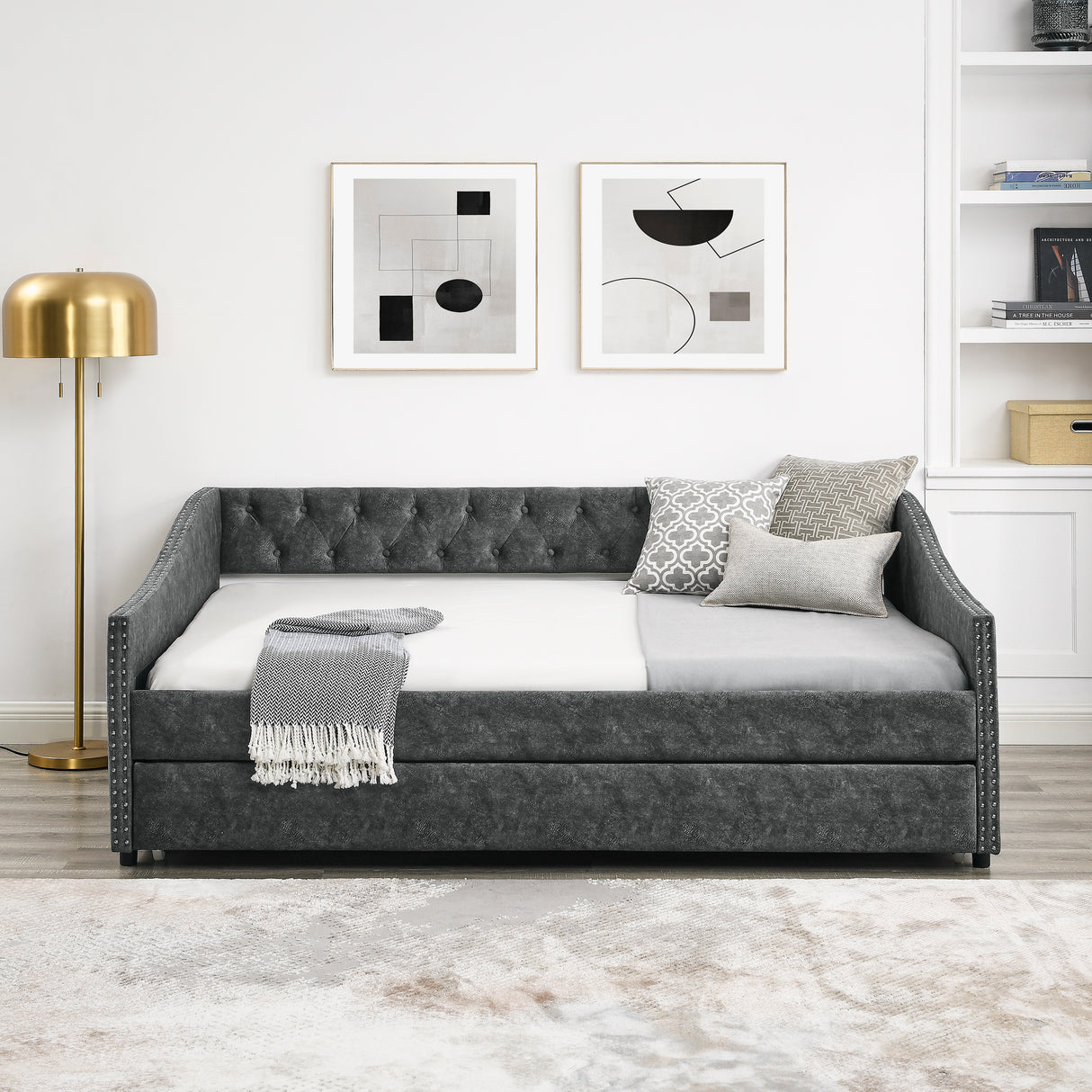 Full Size Daybed with Twin Size Trundle Upholstered Tufted Sofa Bed, with Button on Back and Copper Nail on Waved Shape Arms,Grey (80.5"x55.5"x27.5") Home Elegance USA