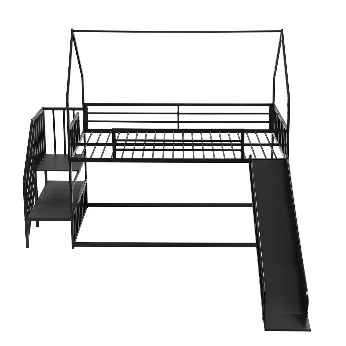 Twin Size Metal Bunk Bed House Bed with Slide and Staircase, Black