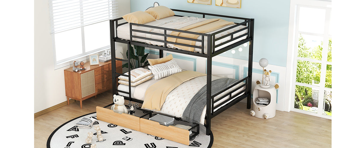 Metal Full Size Convertible Bunk Bed with 2 Drawers, Black(Expected Arrival Time: 9.18)