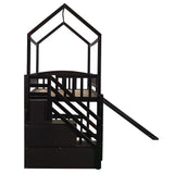 Twin Over Twin Bunk Bed with Drawers and Slide, House Bed with Slide,Espresso(OLD SKU :LP000215AAP) - Home Elegance USA