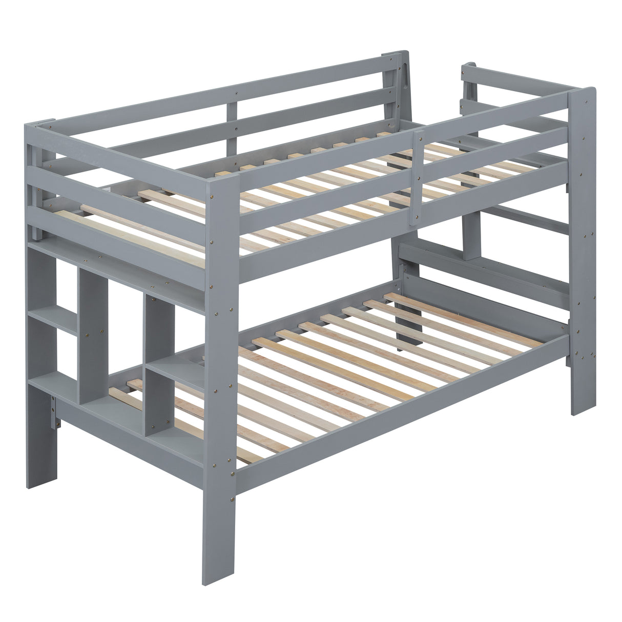 Twin over Twin Bunk Bed with Shelves and Built-in Ladder,  Gray (Expected Arrival Time:8.10) - Home Elegance USA