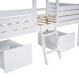 Twin Size Low Loft Wood House Bed with Two Drawers, White - Home Elegance USA