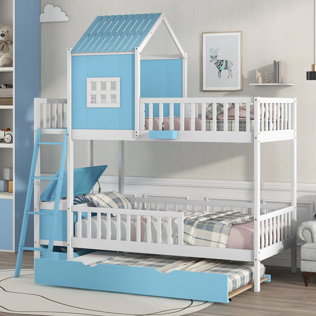 Twin over Twin Bunk Bed with Twin Size Trundle , Farmhouse Bed with Storage Box and Drawer - Blue - Home Elegance USA