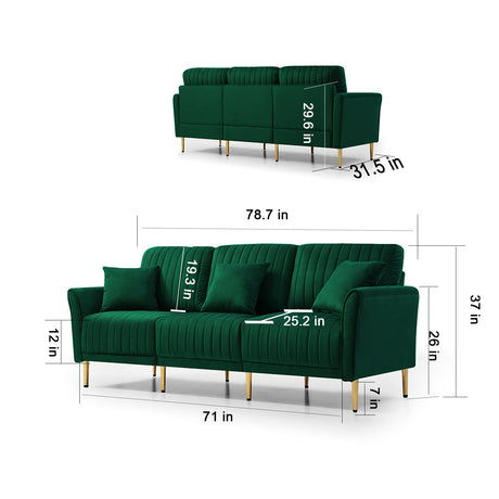 Living Room Furniture Upholstered Couch Sofa with Reversible Cushions for Home or Office 3-Seat Green Velvet - Home Elegance USA