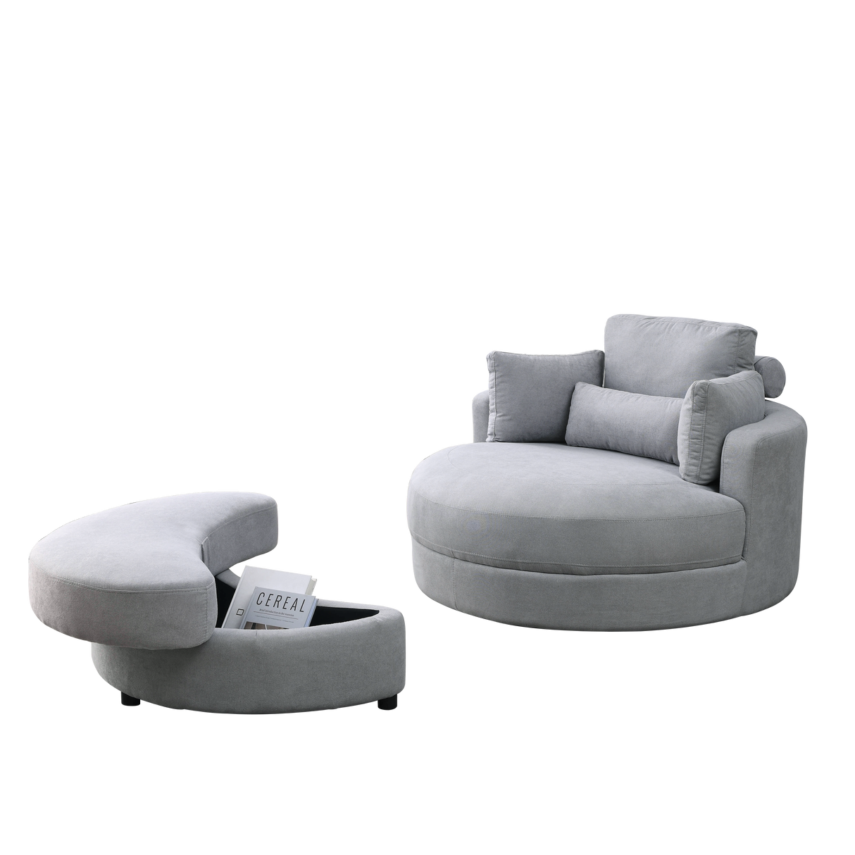 [Video] Welike Swivel Accent Barrel Modern Grey Sofa Lounge Club Big Round Chair with Storage Ottoman Linen Fabric for Living Room Hotel with Pillows .2PCS Home Elegance USA