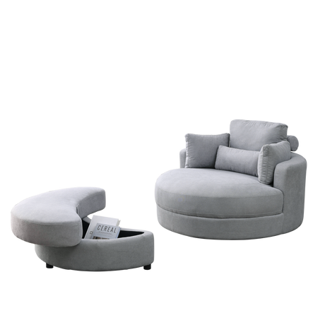 [Video] Welike Swivel Accent Barrel Modern Grey Sofa Lounge Club Big Round Chair with Storage Ottoman Linen Fabric for Living Room Hotel with Pillows .2PCS Home Elegance USA