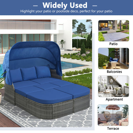 U_STYLE Outdoor Patio Furniture Set Daybed Sunbed with Retractable Canopy Conversation Set Wicker Furniture （As same as WY000281AAV）