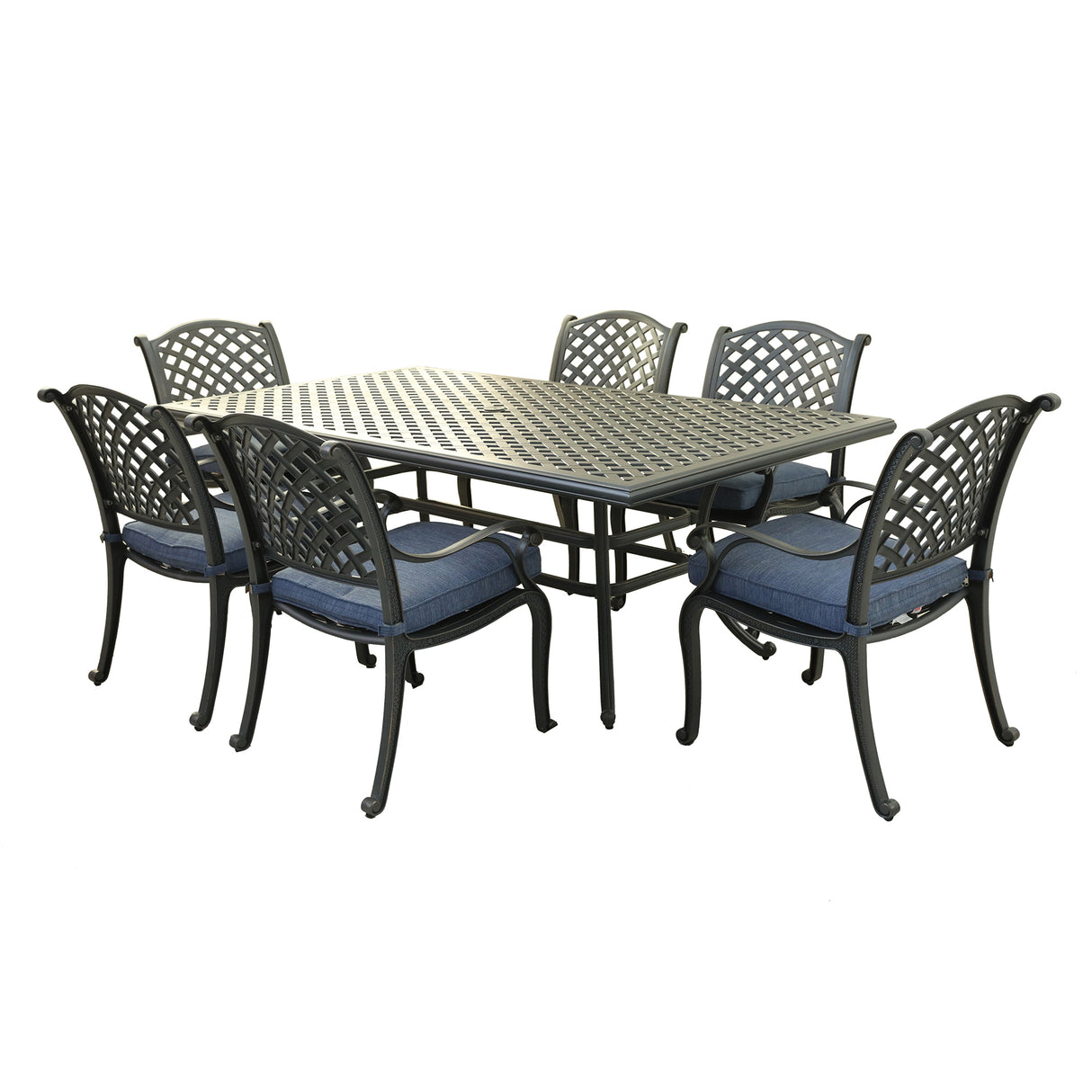 Rectangular 6 - Person 85.83" Long Aluminum Dining Set with Cushions, Navy Blue
