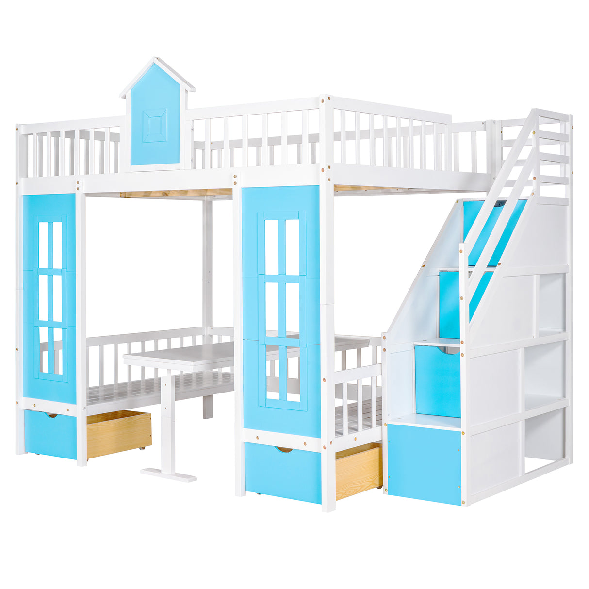 Full-Over-Full Bunk Bed with Changeable Table , Bunk Bed Turn into Upper Bed and Down Desk - Blue - Home Elegance USA