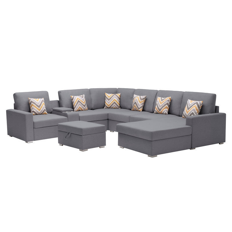 Nolan Gray Linen Fabric 8Pc Reversible Chaise Sectional Sofa with Interchangeable Legs, Pillows, Storage Ottoman, and a USB, Charging Ports, Cupholders, Storage Console Table - Home Elegance USA