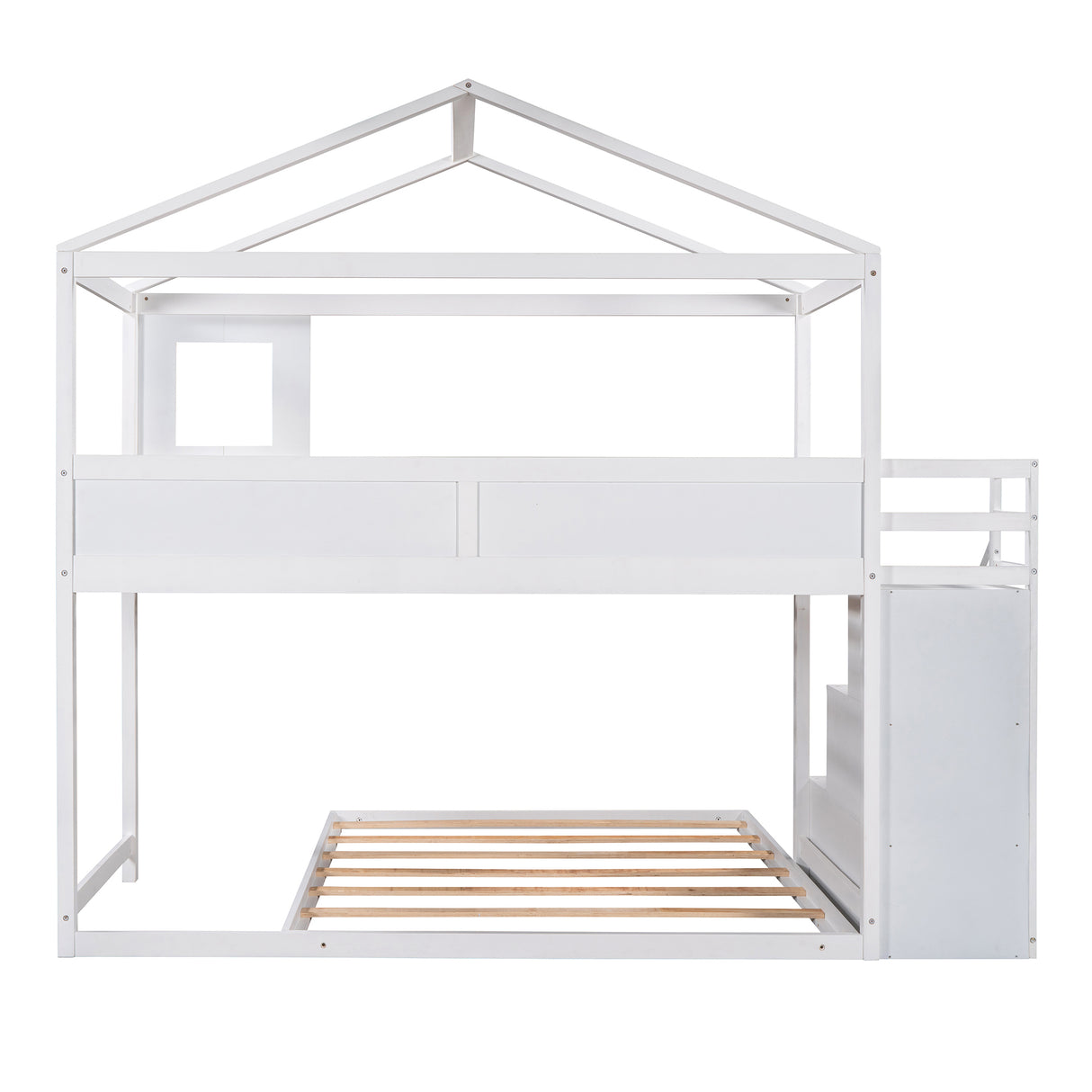 Twin over Full House Bunk Bed with Storage Staircase and Blackboard,White - Home Elegance USA