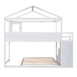 Twin over Full House Bunk Bed with Storage Staircase and Blackboard,White - Home Elegance USA