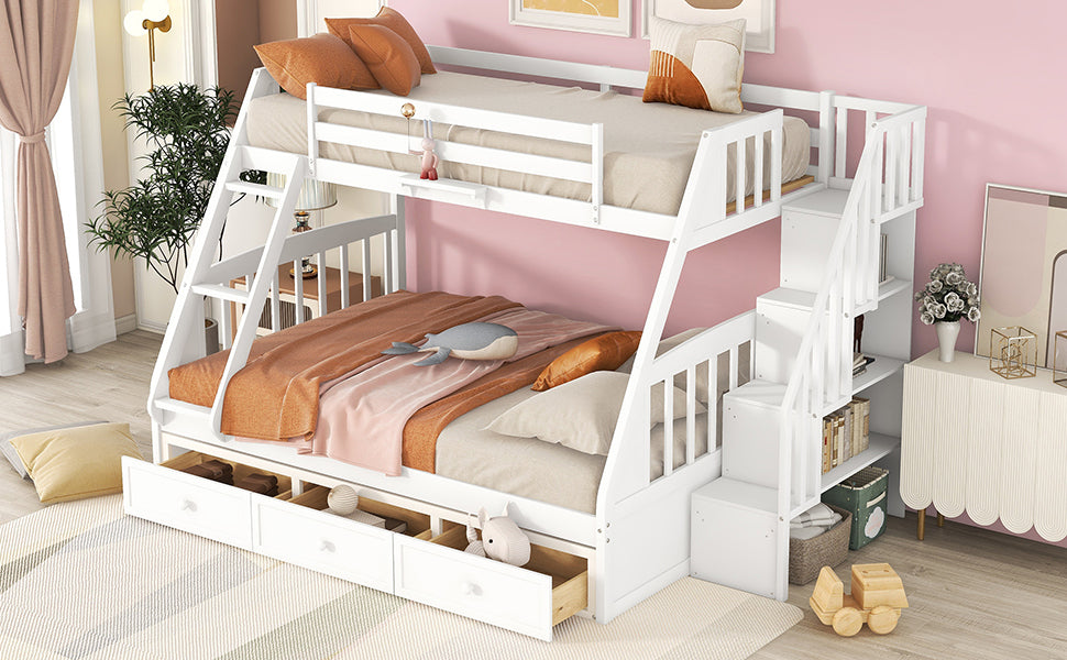 Twin-Over-Full Bunk Bed with Drawers，Ladder and Storage Staircase, White - Home Elegance USA