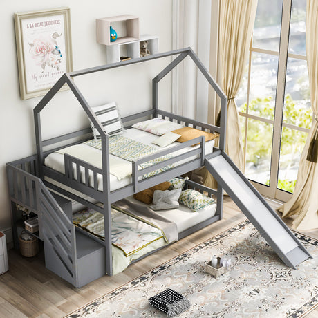 Twin over Twin House Bunk Bed with Convertible Slide,Storage Staircase can be Placed Left or Right,Gray - Home Elegance USA