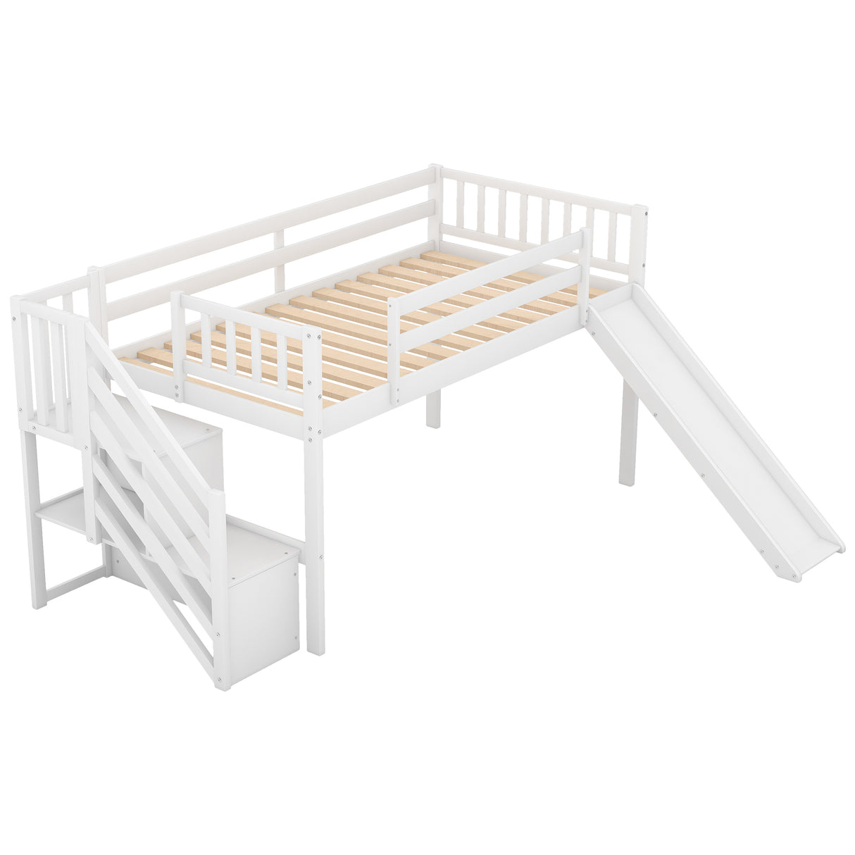 Twin Size Low Loft Bed with Adjustable Slide and Staircase, White - Home Elegance USA