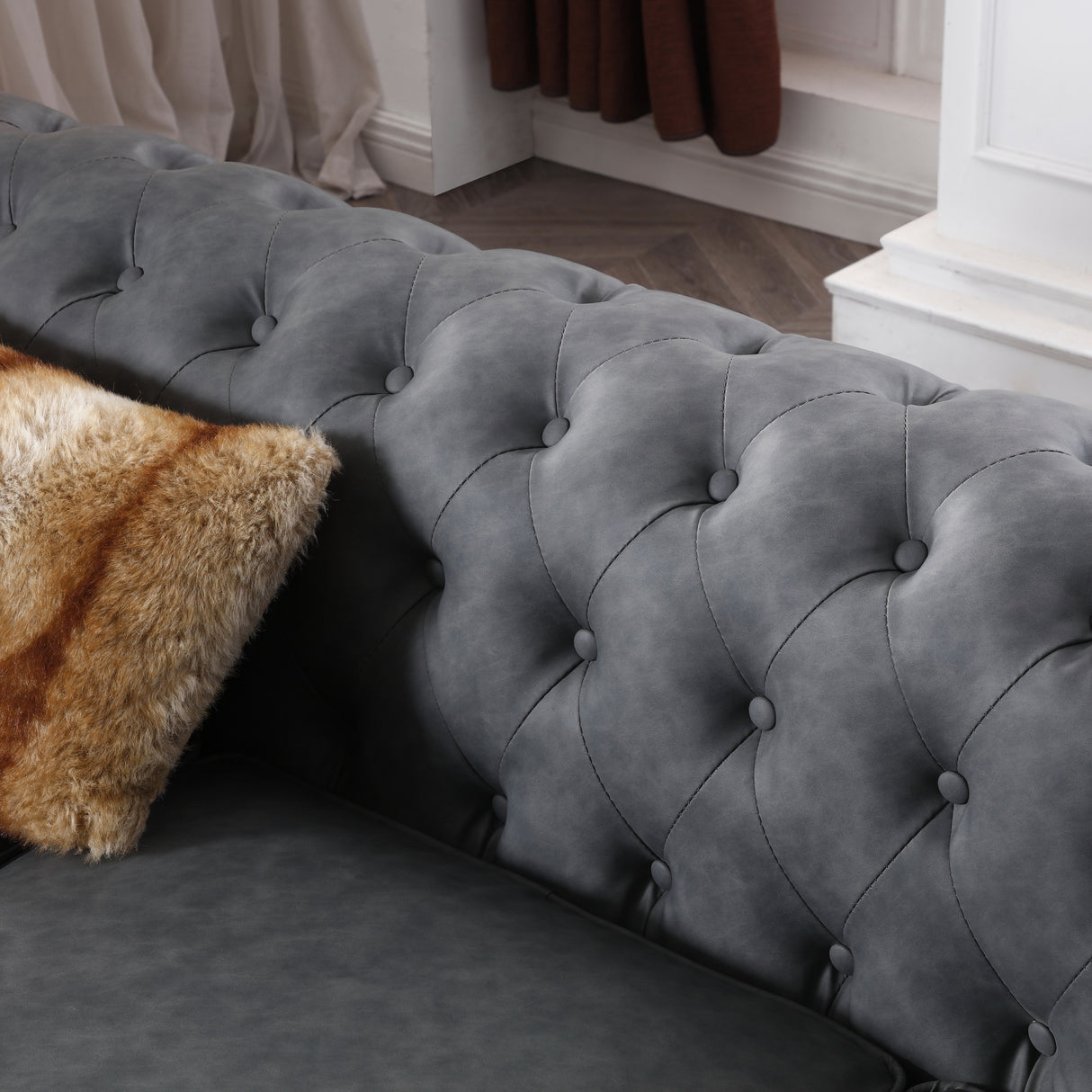 Classic Chesterfield Sofa Dark Grey Faux Leather - Home Elegance USA