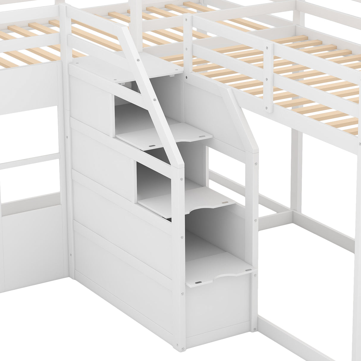 Twin over Twin L-Shaped Bunk Bed with Built-in Middle Staircase,White - Home Elegance USA