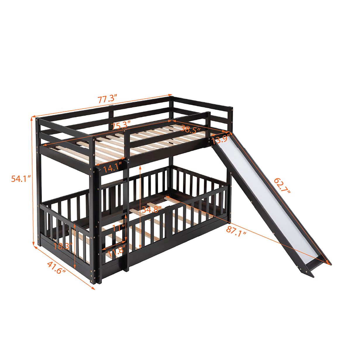 Twin Over Twin Bunk Bed with Slide and Ladder, Espresso（Old SKU:LP000009AAP） - Home Elegance USA