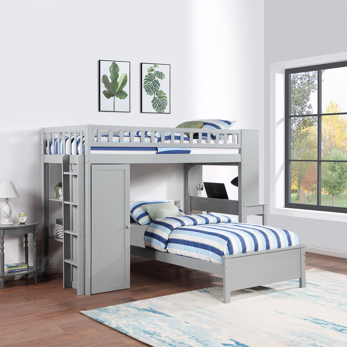 Twin Size Loft Bed with Closet and Desk, Extra Bottom Twin Bed, Grey - Home Elegance USA