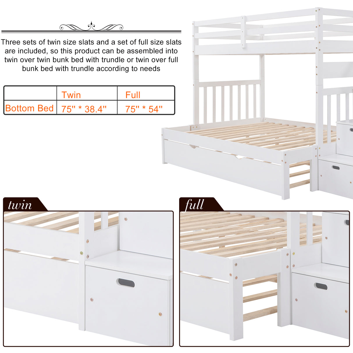 Twin over Twin/Full Bunk Bed with Twin Size Trundle (White)(OLD SKU :LP000025AAK) - Home Elegance USA