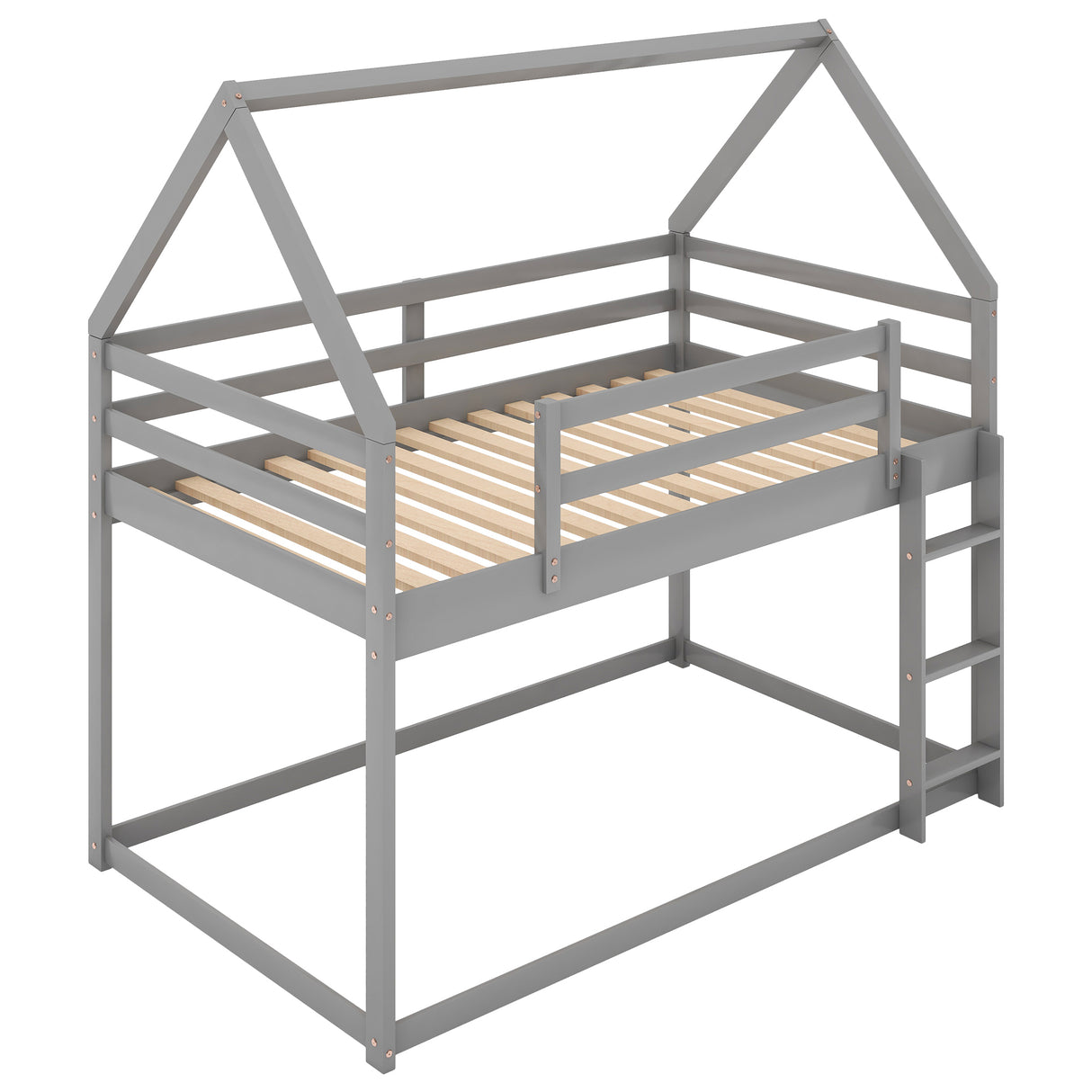 Twin over Twin Low Bunk Bed, House Bed with Ladder , Gray(OLD SKU:WF197808AAE) - Home Elegance USA