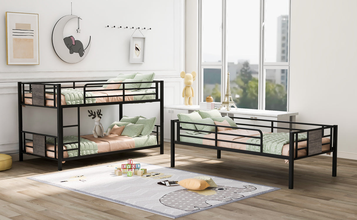 Twin Size Triple Metal Bunk Bed, with Wood Decoration Headboard and Footboard, Gray - Home Elegance USA