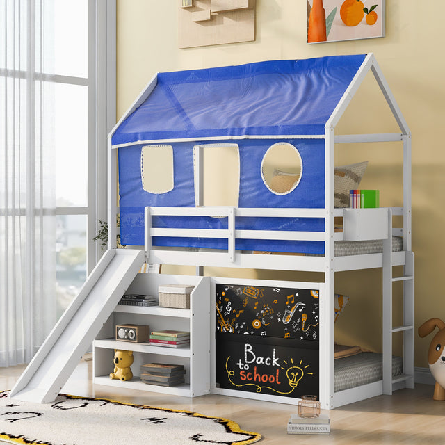 Twin over Twin House Bunk Bed with Blue Tent, Slide, Shelves and Blackboard, White - Home Elegance USA