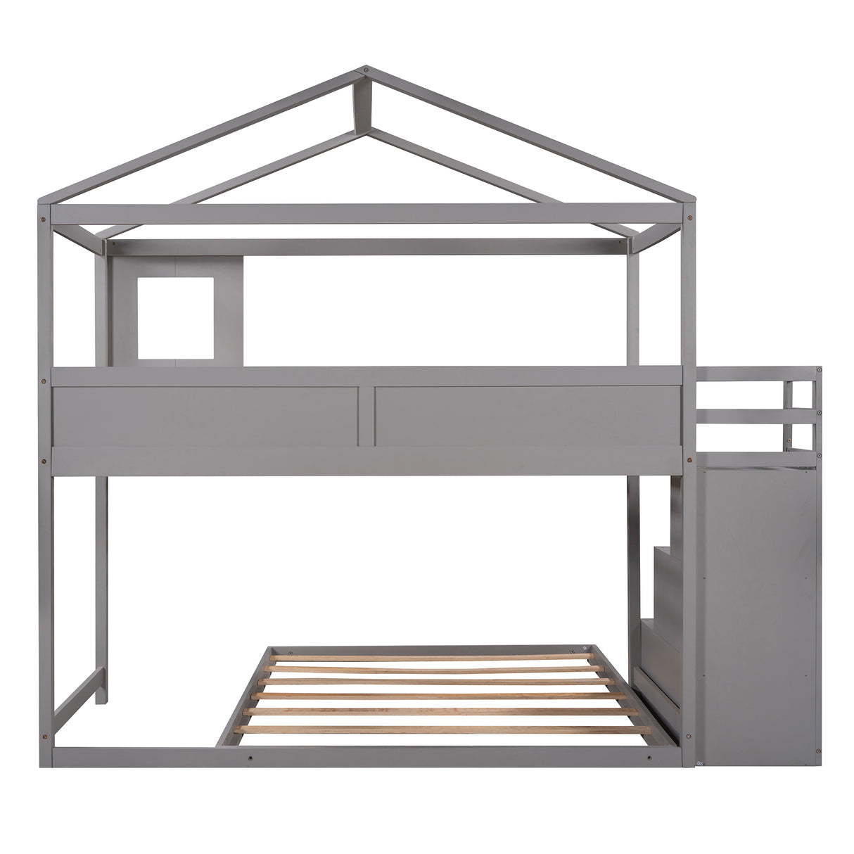 Twin over Full House Bunk Bed with Storage Staircase and Blackboard,Grey - Home Elegance USA