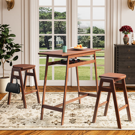 3 PCS Pub Dining Set Retro Bar Table Rubber Wood Stackable Backless High Stool for 2 with Shelf and Hooks for Home Bar Small Space - Home Elegance USA