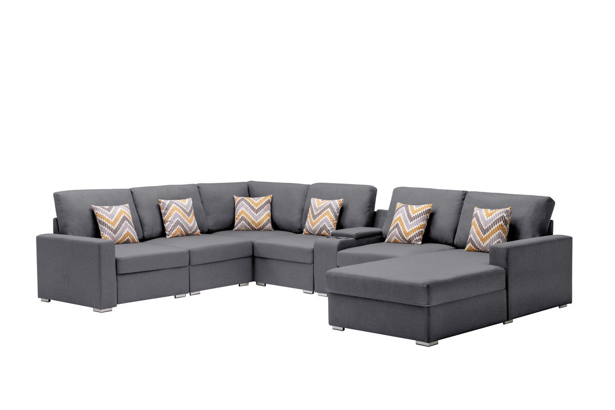 Nolan Gray Linen Fabric 7Pc Reversible Chaise Sectional Sofa with a USB, Charging Ports, Cupholders, Storage Console Table and Pillows and Interchangeable Legs - Home Elegance USA