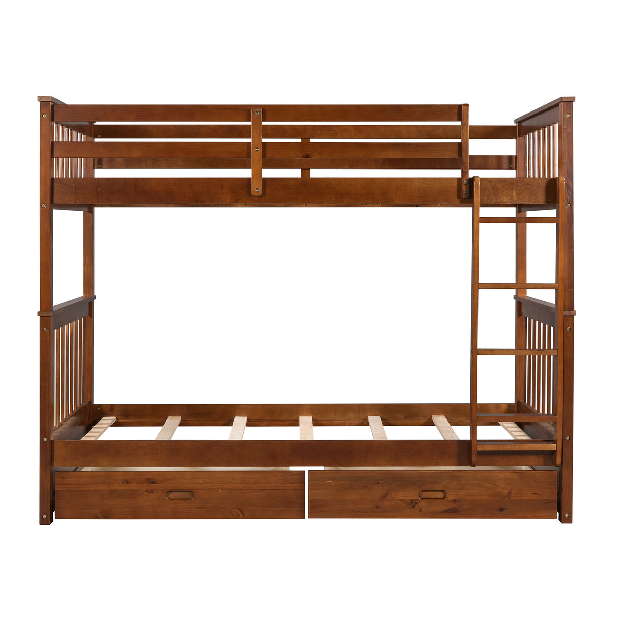 Twin-Over-Twin Bunk Bed with Ladders and Two Storage Drawers (Walnut) - Home Elegance USA