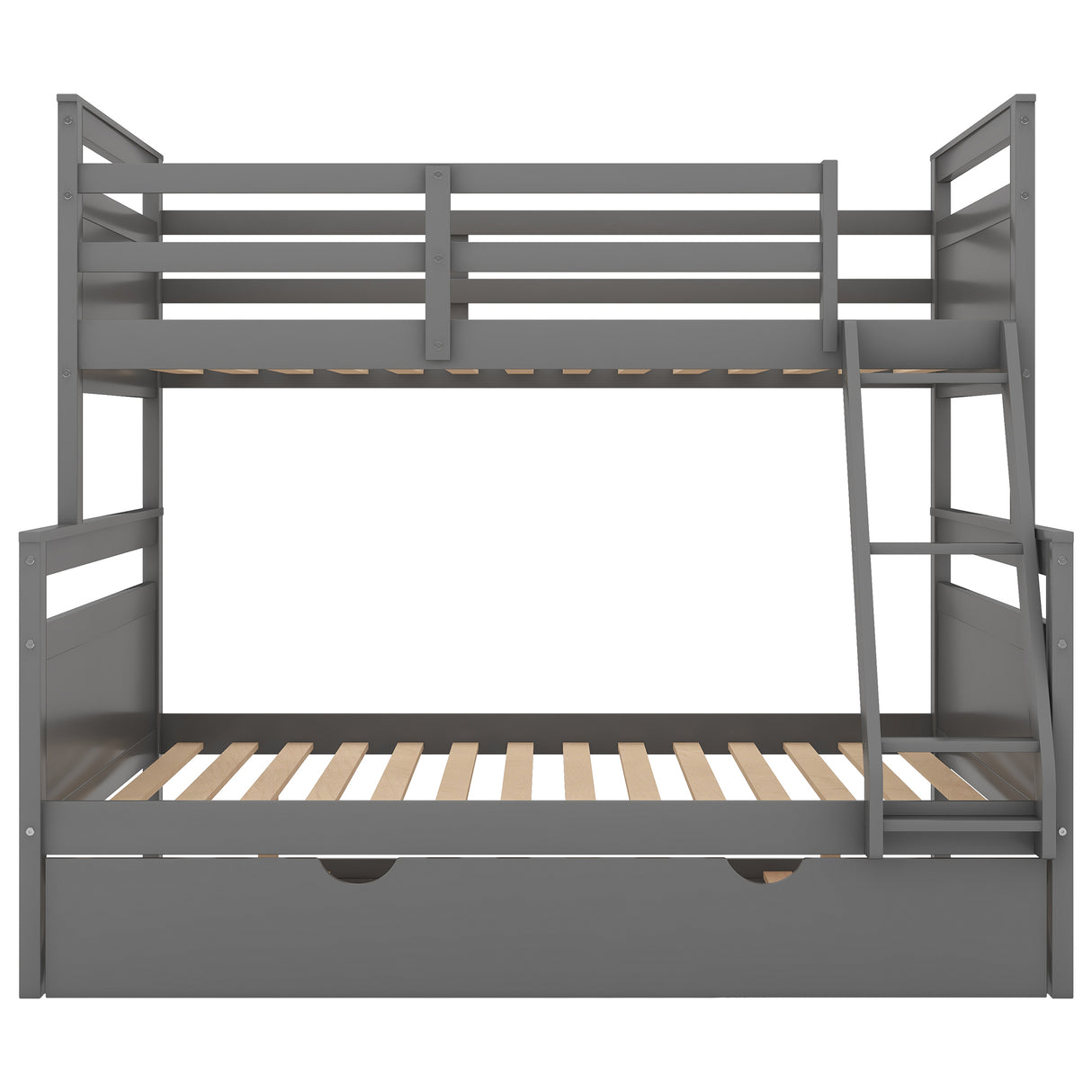 Twin over Full Bunk Bed with Ladder, Twin Size Trundle, Safety Guardrail, Gray - Home Elegance USA