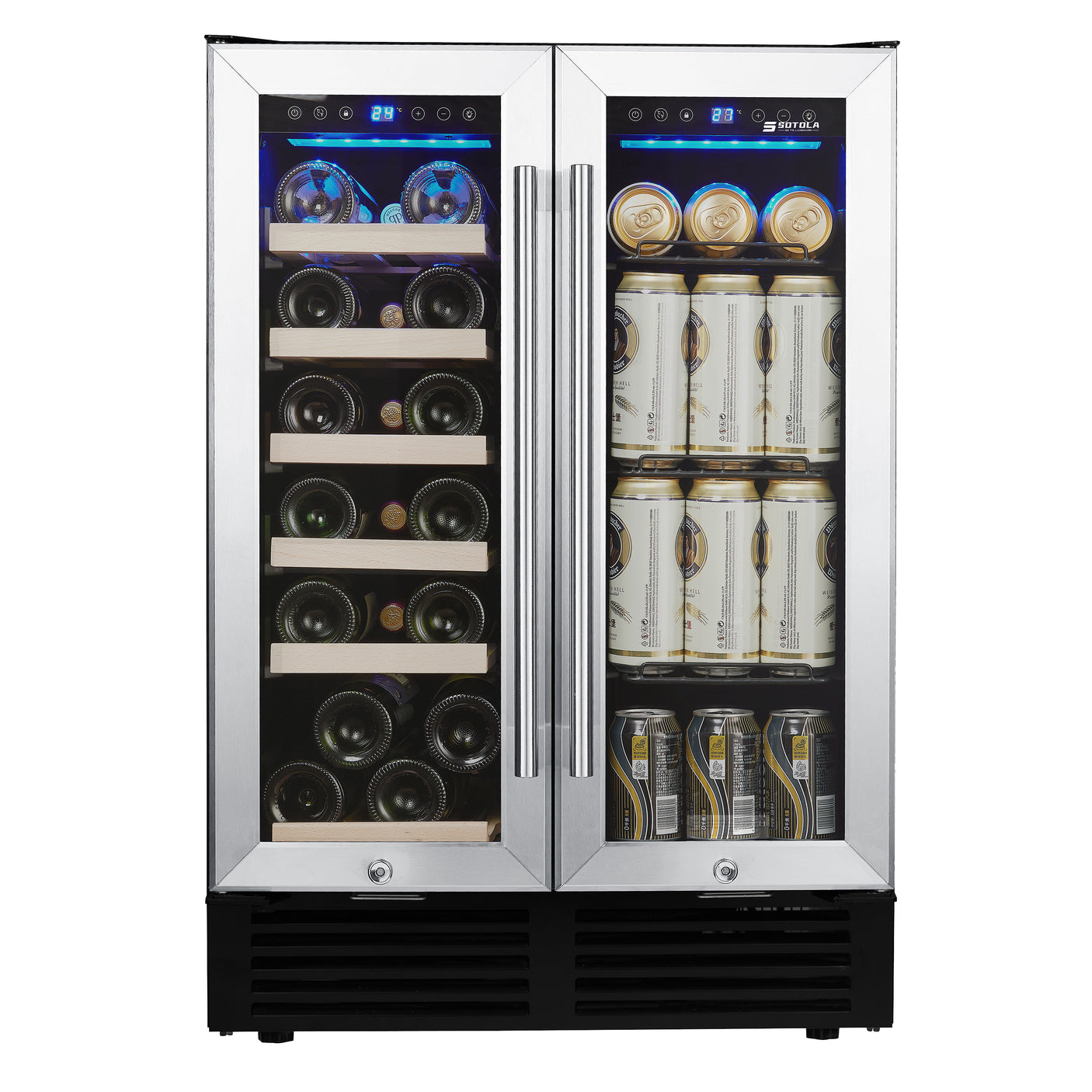 SOTOLA  24'' Wine Cooler Refrigerator - Dual Zone Built-in or Freestanding Fridge with Stainless Steel Tempered Glass Door and Temperature Memory Function