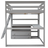 Full Size Loft Bed with Desk and Shelves,Two Built-in Drawers,Gray - Home Elegance USA