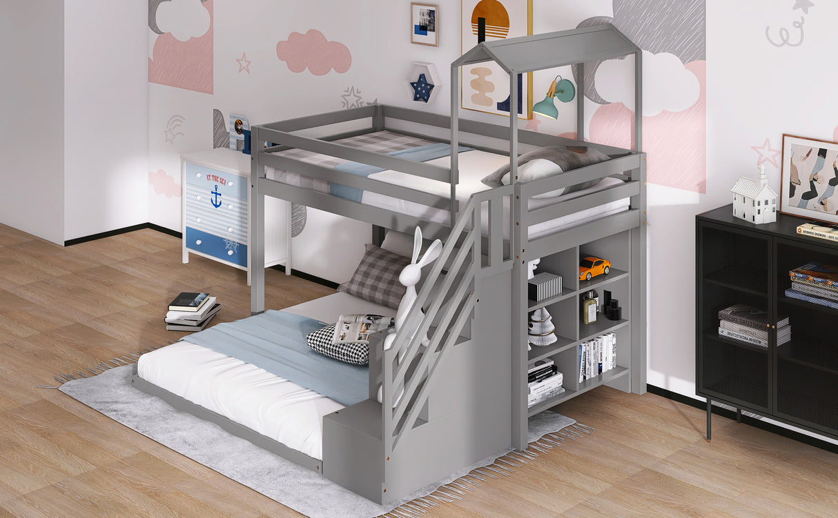 Twin over Full House Roof Bunk Bed with Staircase and Shelves, Gray - Home Elegance USA