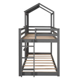 Twin Over Twin Bunk Bed Wood Bed with Roof, Window, Guardrail, Ladder (Gray) - Home Elegance USA