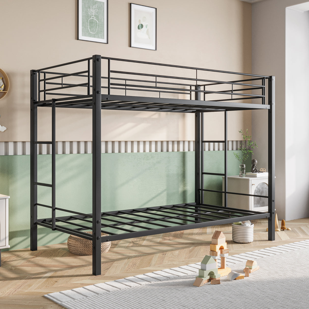 Metal Bunk Bed Twin-Over-Twin No Box Spring Needed Black - Home Elegance USA