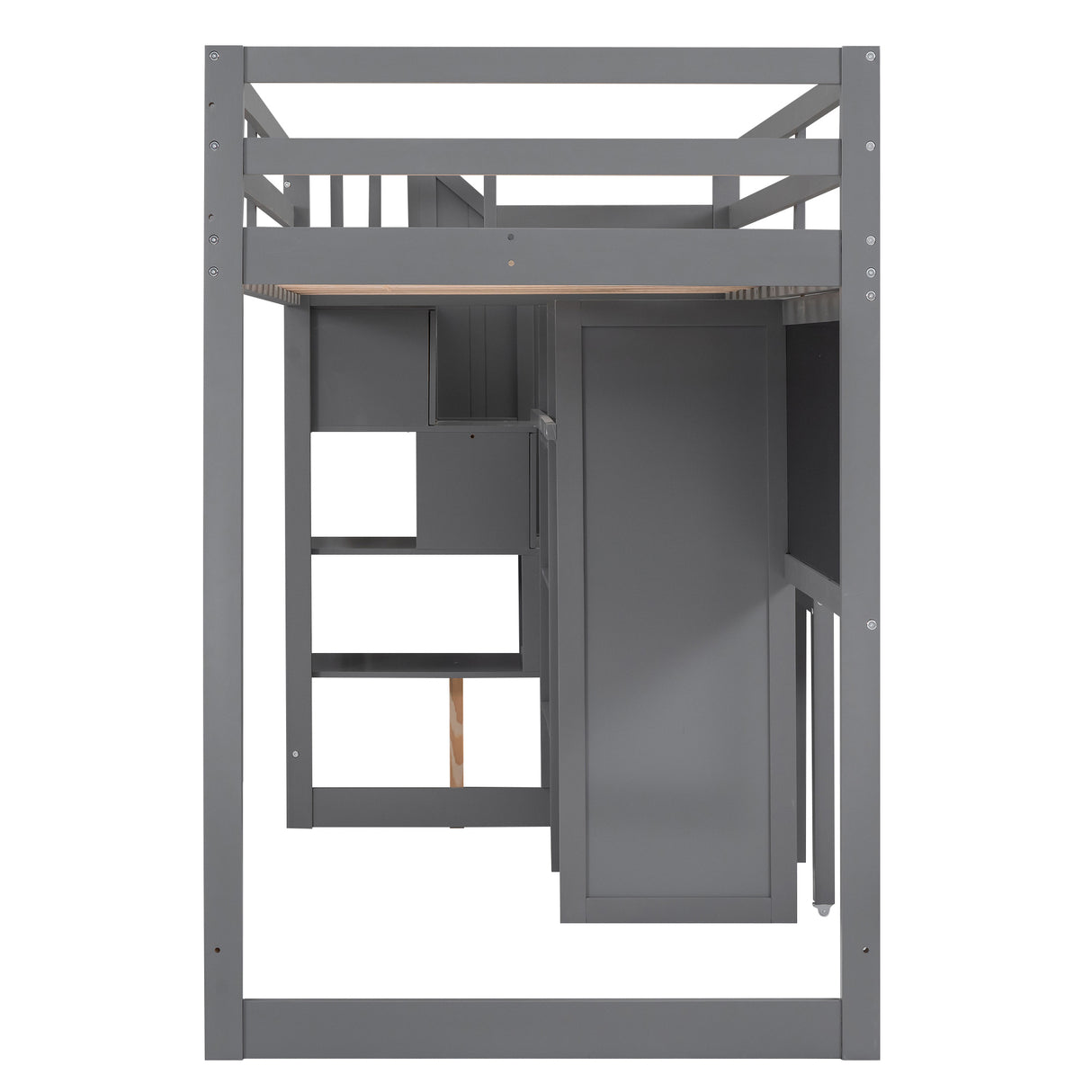 Twin Size Loft Bed with Pullable Desk and Storage Shelves,Staircase and Blackboard,Gray - Home Elegance USA