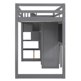 Twin Size Loft Bed with Pullable Desk and Storage Shelves,Staircase and Blackboard,Gray - Home Elegance USA