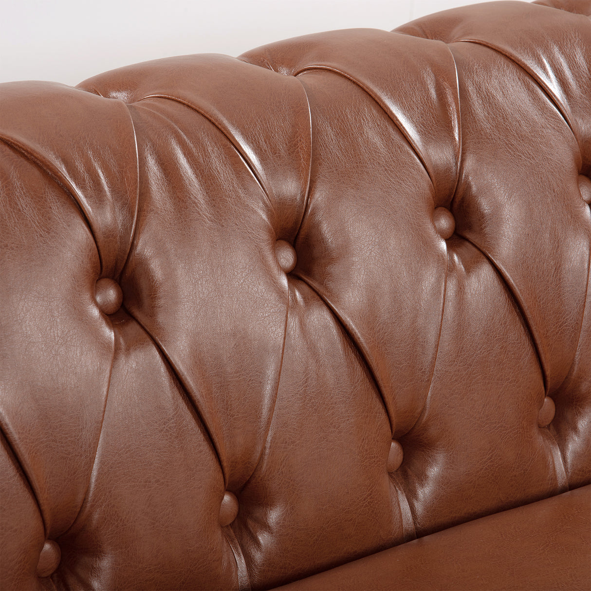 84.65"BROWN PU Rolled Arm Chesterfield Three Seater Sofa. | Home Elegance USA