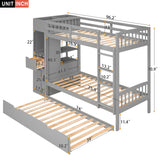 Twin Size Bunk Bed with Trundle and Attached Multifunctional Locker,Gray - Home Elegance USA