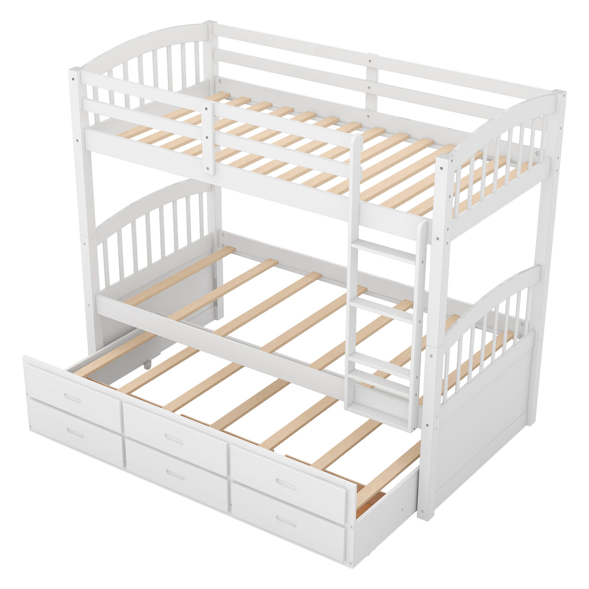 Twin over Twin Wood Bunk Bed with Trundle and Drawers,White - Home Elegance USA