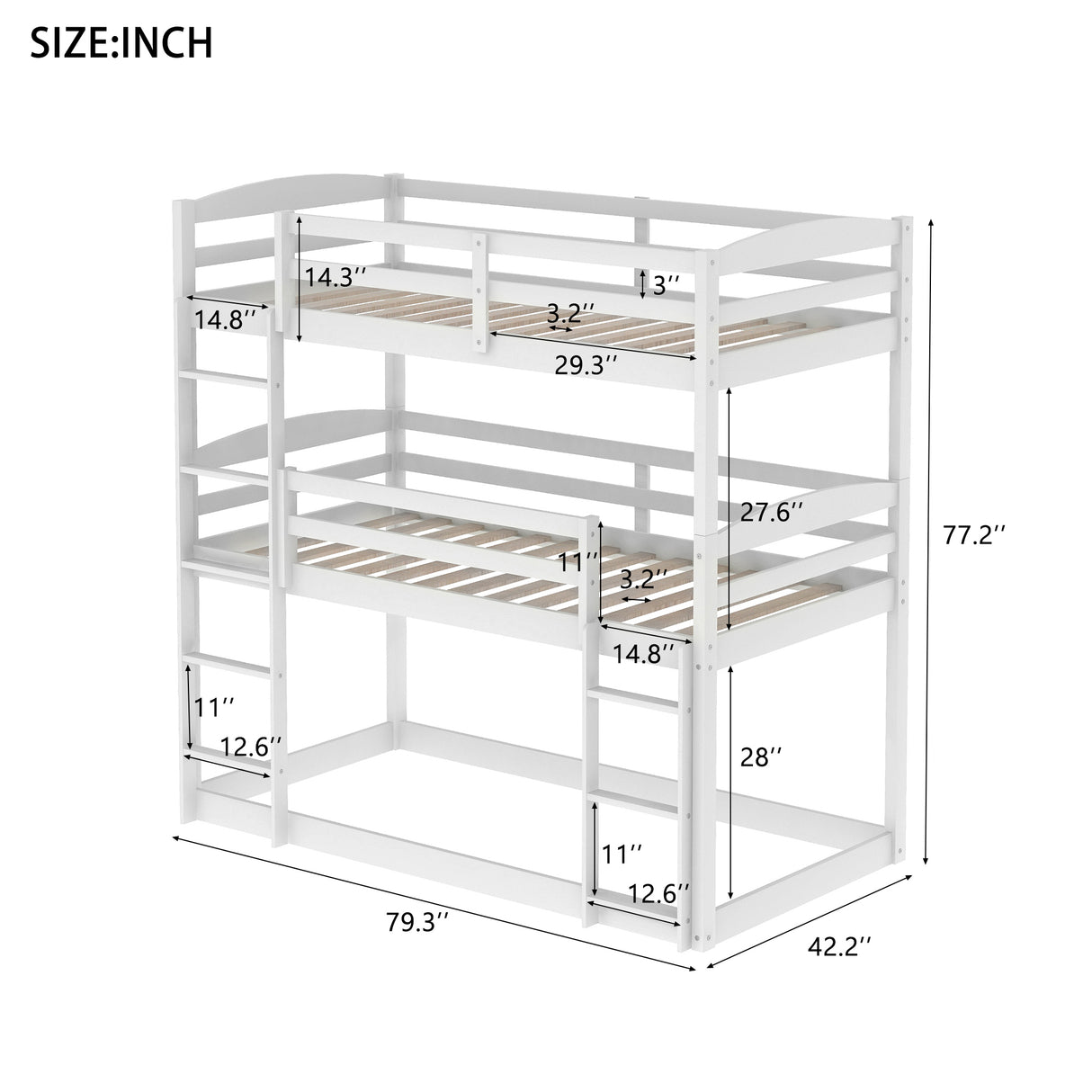 Twin over Twin over Twin Triple Bunk Bed,White - Home Elegance USA