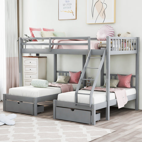 Full Over Twin & Twin Bunk Bed, Wood Triple Bunk Bed with Drawers and Guardrails, Gray (OLD SKU: LP000143AAE) - Home Elegance USA