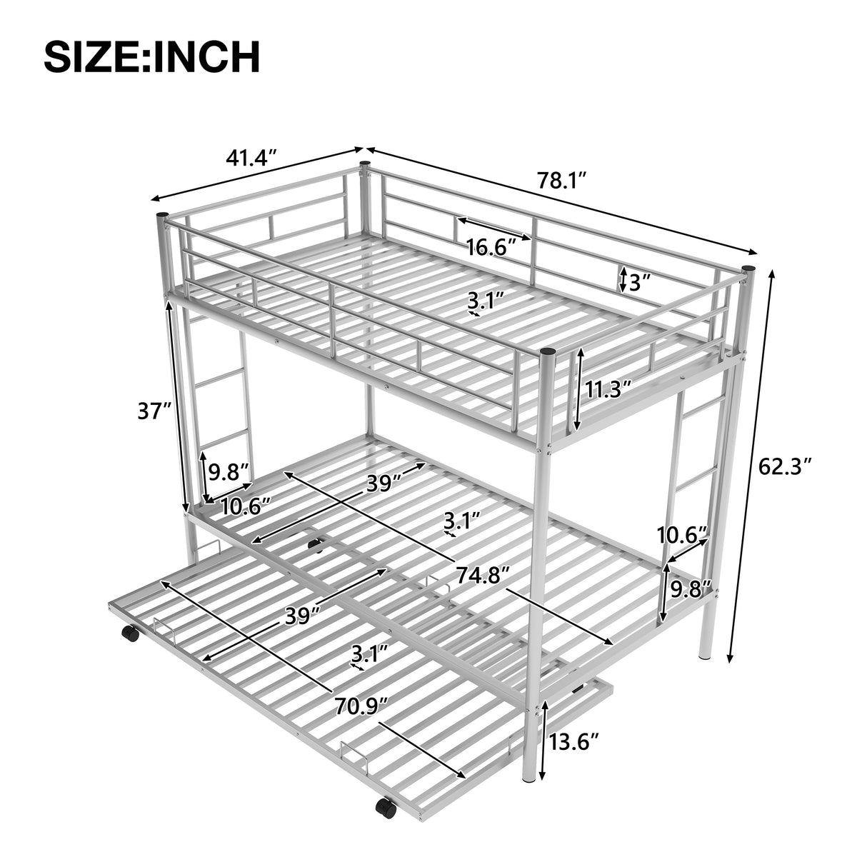 Twin over Twin Bunk Bed with Trundle, Silver(OLD SKU:MF192387AAN) - Home Elegance USA