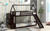 Twin over Twin House Bunk Bed with Slide and Storage Staircase,Espresso - Home Elegance USA